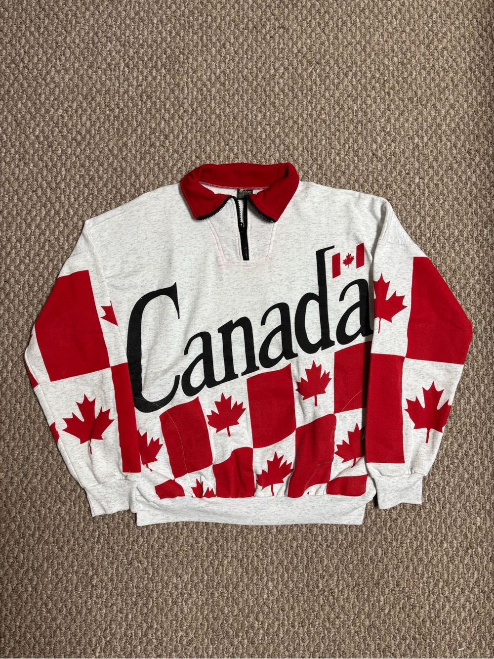 Vintage 90s Style Canada Red & White Canadian Flag Crewneck Quarter Zip Sweater